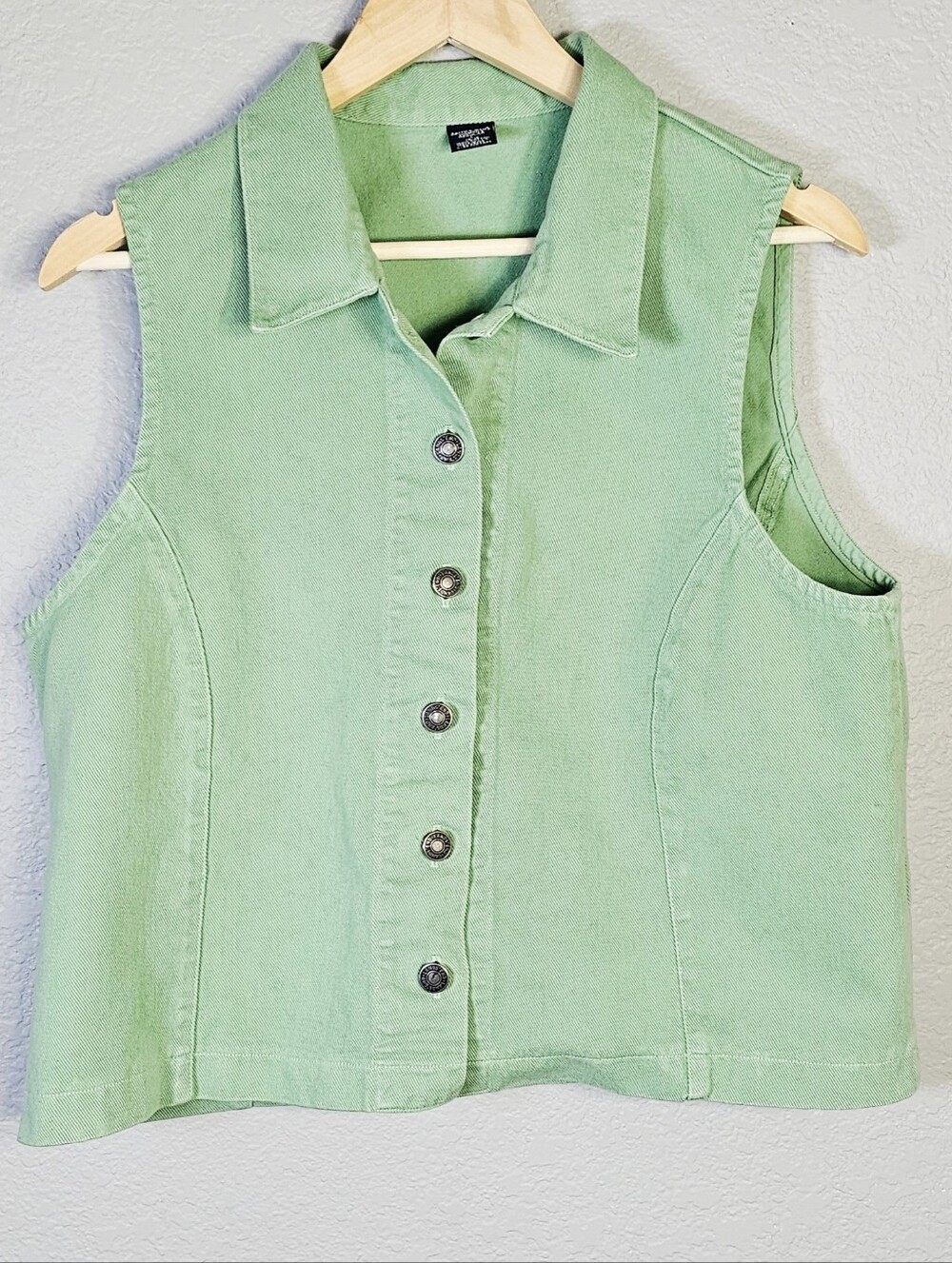 Lands' End Light Green Denim Vest Women's Large 14-16 100% Cotton Button Front